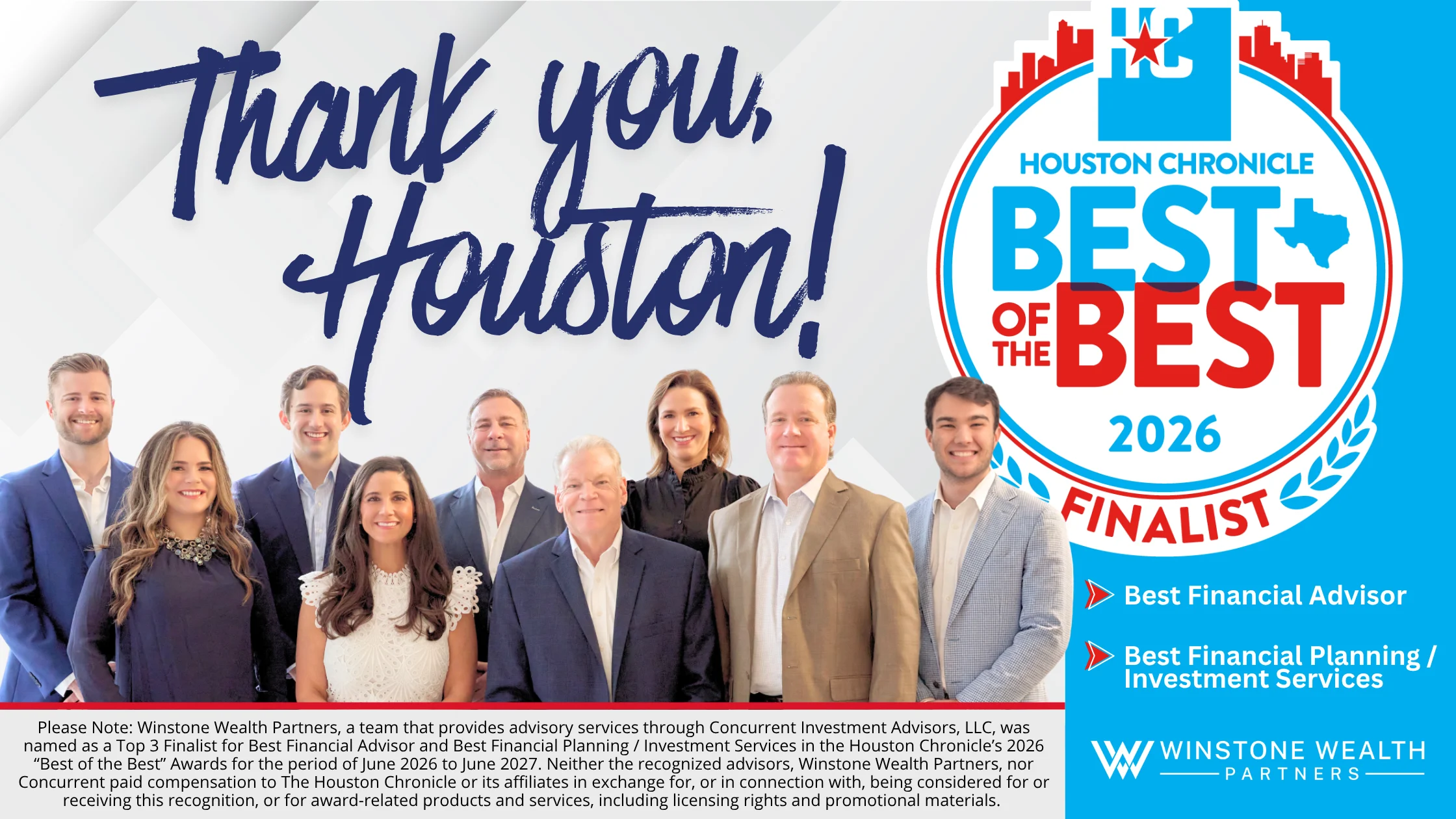 Winstone Wealth Partners Named a Top 3 Finalist in Two Houston Chronicle Best of the Best Categories